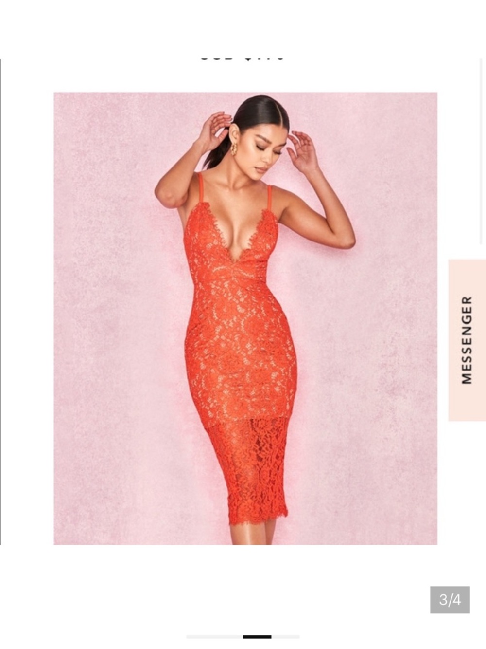 House of CB Orange Lace Midi Dress with Plunge Neck